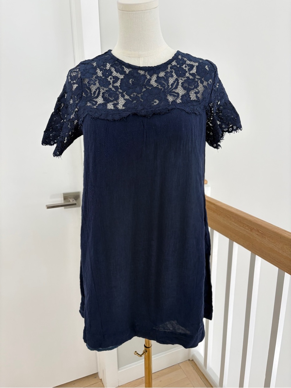 a'gaci Navy Lace Yoke Short Sleeve Shift Dress